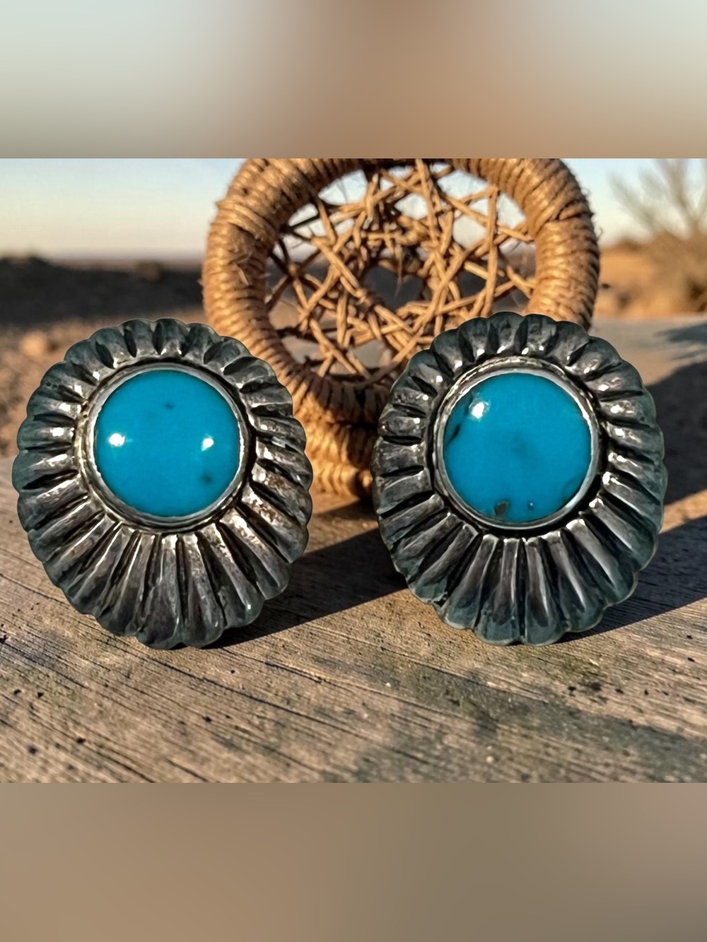 Vintage Sterling Silver Turquoise Concho Stud Earrings 925 Southwestern Western